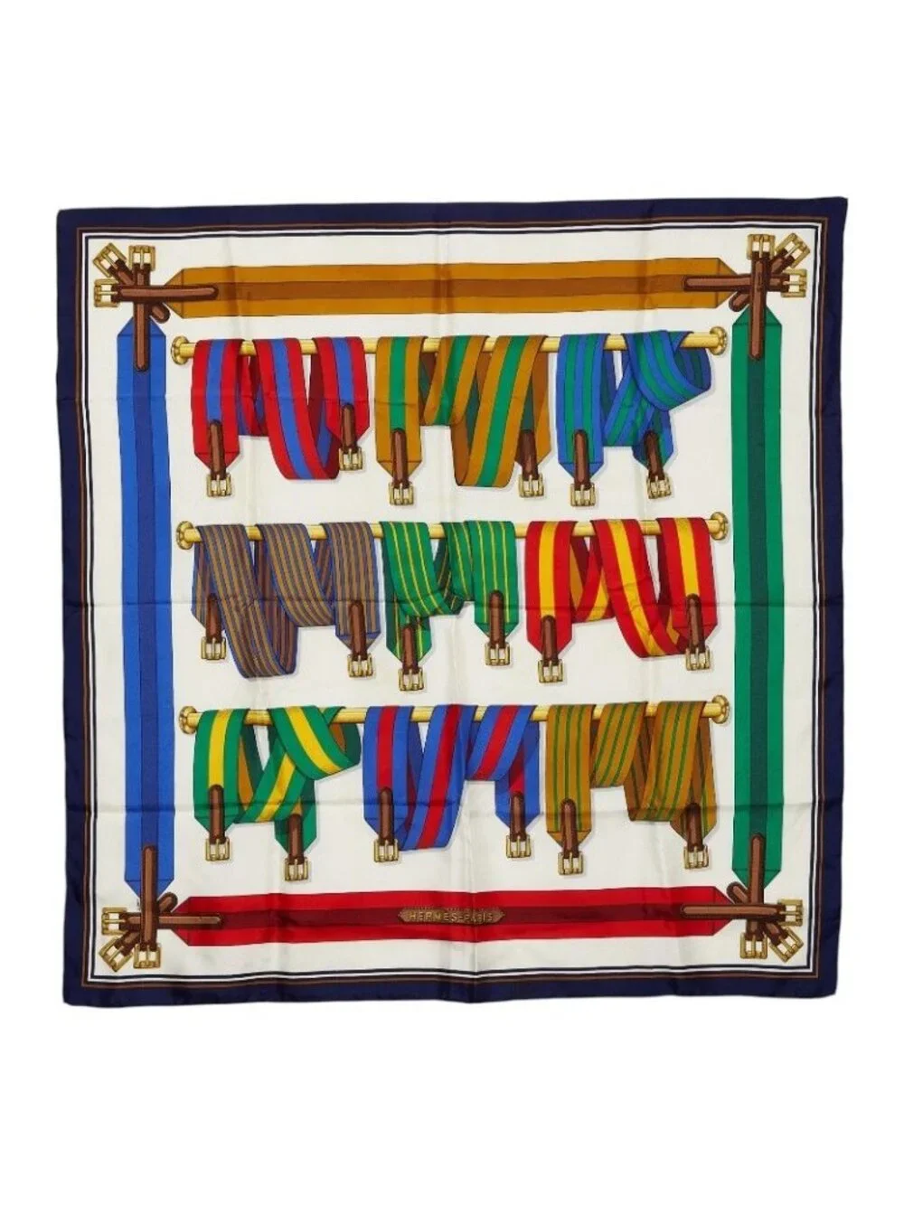 Hermes Carre 90 les Sangles Suspender Belt Scarf White Multicolor Silk
